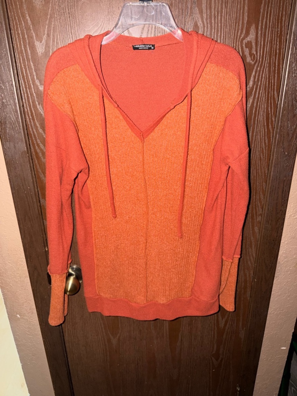 HEIMISH Rust Orange Fall V-Neck Hooded Sweater